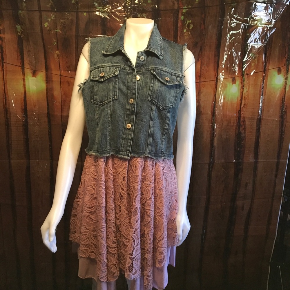 Stylish Denim Vest with Pink Lace Dress